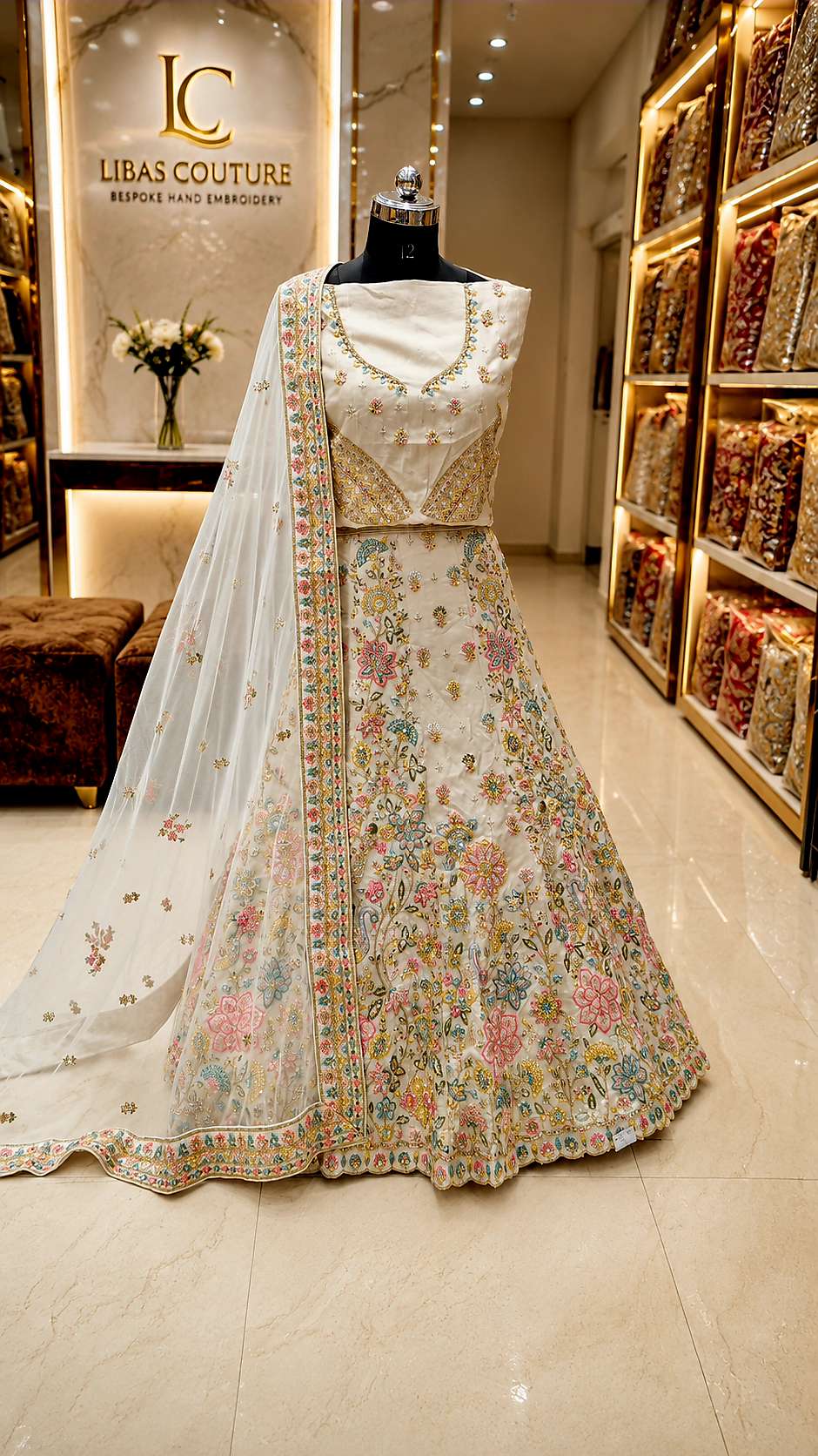 Gulbahar — Ivory Floral Engagement Lehenga by Libas Couture
